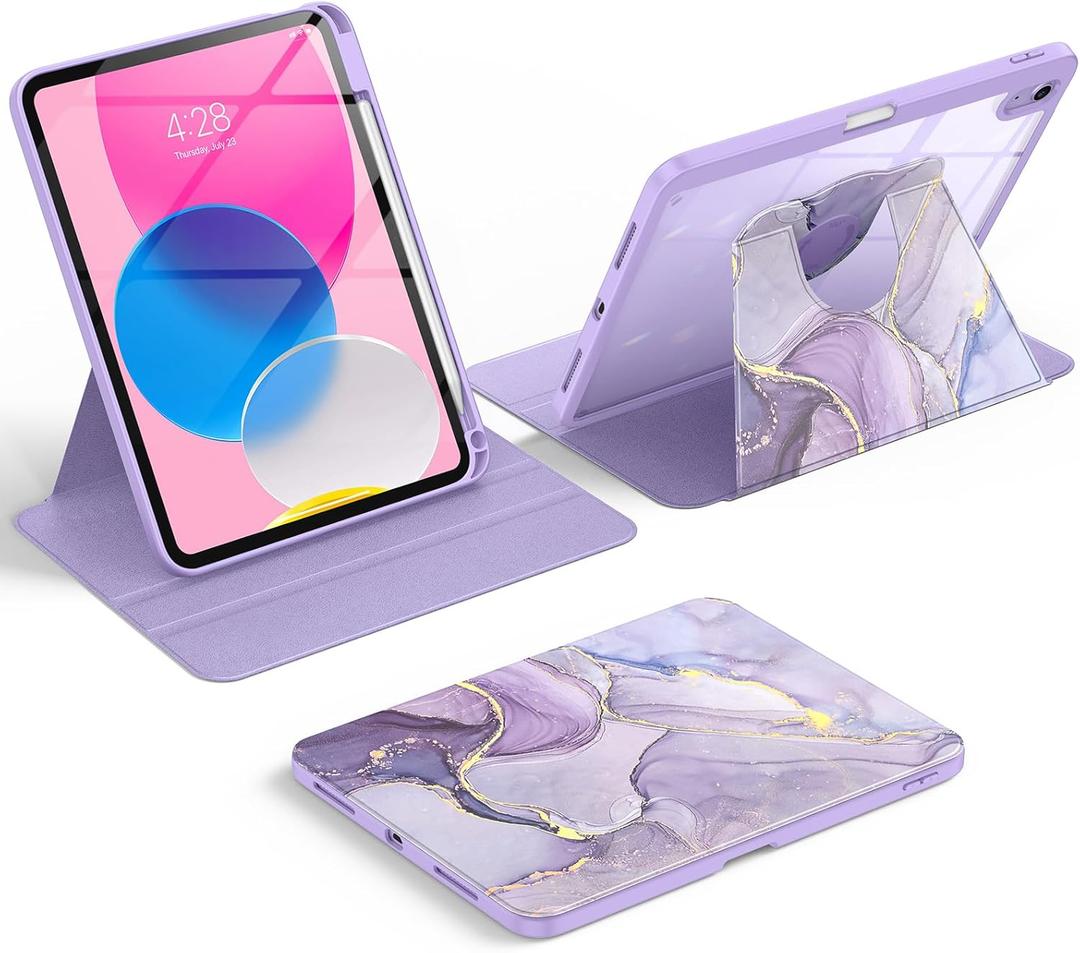 Soke Rotating Case for iPad (A16) 11th Generation 2025, iPad 10th Gen 2022 with Pencil Holder, [Shockproof + Auto Sleep/Wake] 360 Degree Rotation Clear Back for iPad 11"/10.9", Lilac Marble