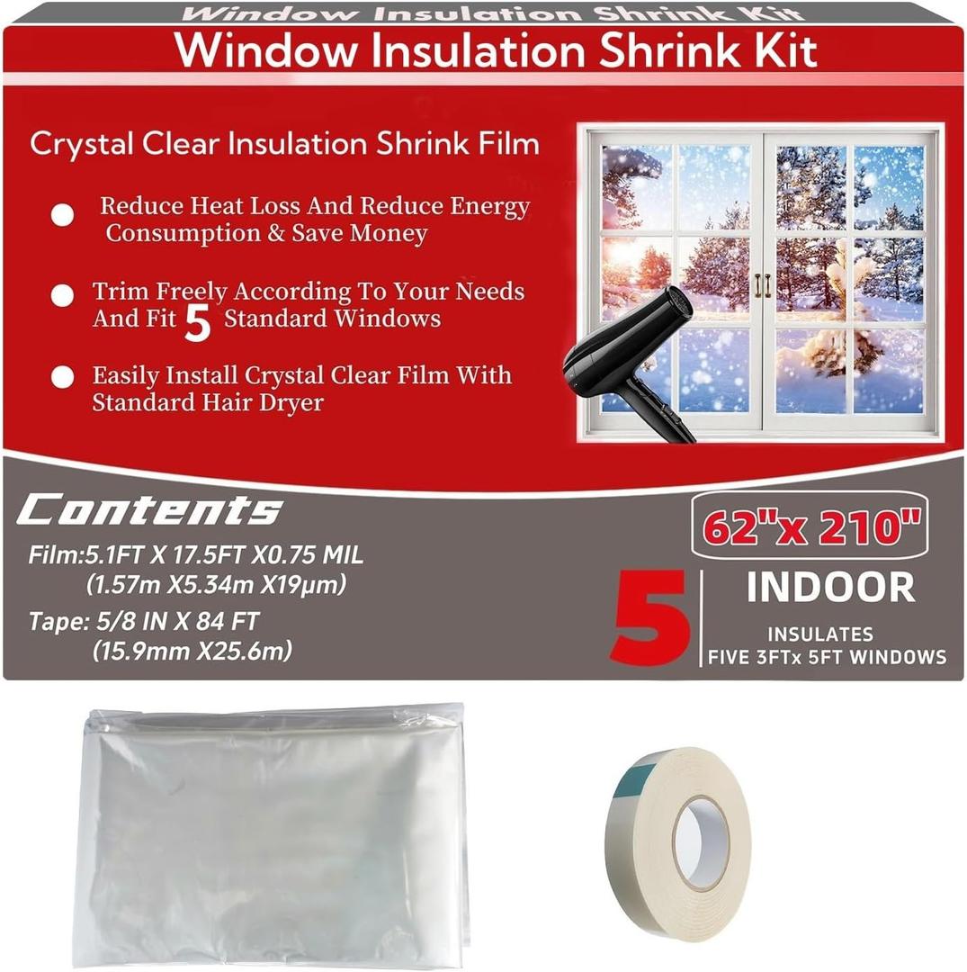 StarJungle Indoor Window Insulation Kit, Clear Window Film for Heat and Cold (5 Windows (62x210 in))