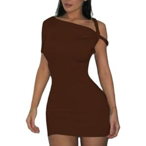 Women Asymmetrical Twist One Shoulder Mini Dress Single Short Sleeve Hollow Knot Short Dress Slim Fit Party Dresses L