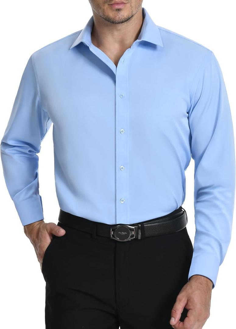 LUPURTY Dress Shirts for Men Long Sleeve Regular Fit Button Down Shirt Stretch Wrinkle Free Business Formal (Blue, XXXL)