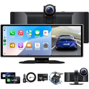 Wireless Portable Carplay Screen for Car, 11.26 inch A-pple Carplay & Android Auto HD Touchscreen with 4K Dash Cam, 1080P Backup Camera, GPS Navigation, Bluetooth, Siri, FM, Mirror Link