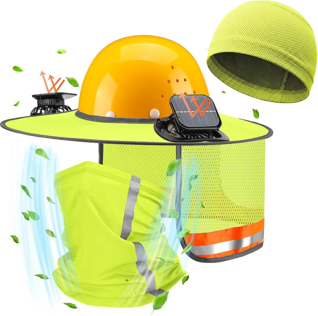 1 Sun Hard Hat Shade Full Brim with Solar Fans, Cooling Helmet Liner, Neck Sunshade Cover High Visibility Mesh with Reflective Strip Summer Protection Accessories