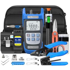 Fiber Optic Terminal kit 10-in-1 FTTH Tool kit Equipped with S-08 Optical Fiber Cleaver and Rechargeable Optical Power Meter A-C710A (-70~+10dBm) Well as Stripper Fibre Tool kit