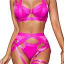 Kaei&Shi Strappy Harness, All Adjustable, Underwire Racerback, 4pc Garter Set (Neon Pink), Size S