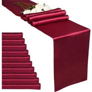 10-Pack Burgundy Satin Table Runner 12 x 108 inches Long Premium Silk and Smooth Fabric Table Runner for Wedding, Decorations for Birthday Parties, Banquets, Graduations, Engagements