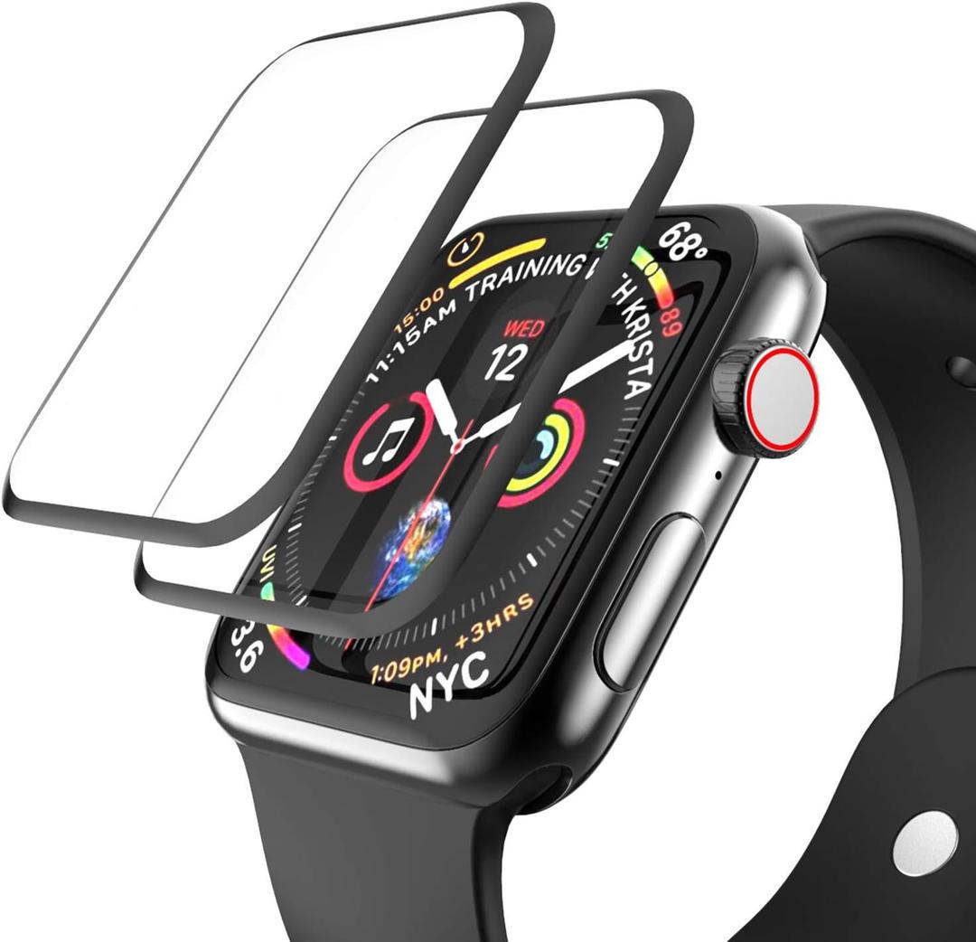 EWUONU [2 Pack Tempered Glass Screen Protector for Apple Watch 44mm SE 3/SE 2/ Series 6//5/4, 3D Full Coverage [Easy Installation Frame] Waterproof Bubble-Free HD Clear Film for iWatch 44mm