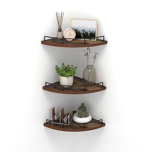 HORLIMER Floating Corner Shelf Wall Mount, Set of 3 Rustic Wood Corner Wall Shelves with Fence for Bedroom, Living Room, Bathroom, Kitchen, Brown