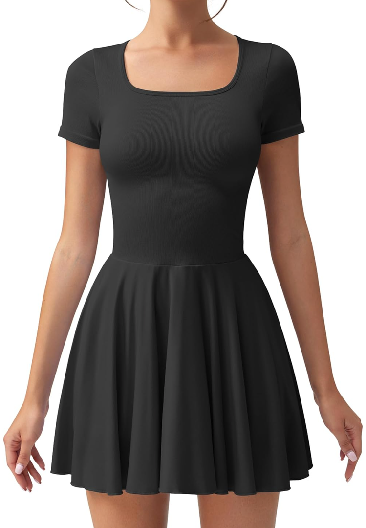 OQQ Women's Square Neck Ruffle Hem Mini Dress Summer Short Sleeve with Shorts Party Dresses,Size  L