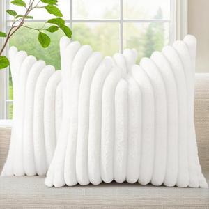 decorUhome Summer Cozy Faux Fur Throw Pillow Covers 22x22 Set of 2 Decorative Soft Plush Striped Modern Farmhouse Boho Couch Euro Sham Pillow Cases with Velvet Back for Sofa Bed Living Room, White