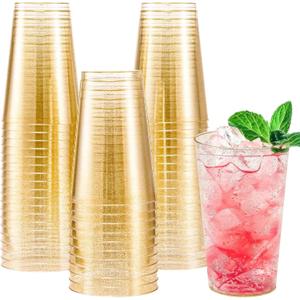Lamosi 100 Pack 14 oz Gold Plastic Cups, Disposable Gold Glitter Plastic Cups, Fancy Clear Plastic Cocktail Cups for Wedding, Thanksgiving, Christmas, Parties