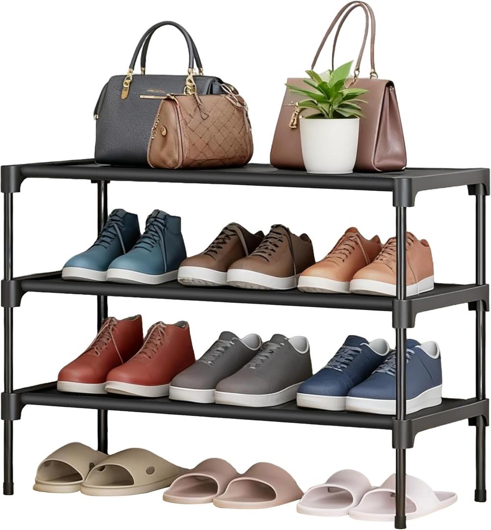 LOFTEY Shoe Rack, 3 Tier Non-Woven Shoe Shelf, Stackable Shoe Rack Organier for Closet, Front Door and Entryway, 28" Wide, Black