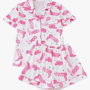 WDIRARA Women's 2 Piece Boots Graphic Pajama Set Pocket Patched Button Down Shirt with Shorts Satin Sleepwear, Small