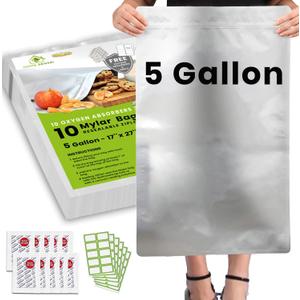 10pcs 5 Gallon Mylar Bags for Food Storage - 10 Mil Thick - Extra large bags 5 Gallon with Oxygen Absorbers 2500cc - Zipper Resealable Mylar Bags - Bolsas Mylar 5 Galones