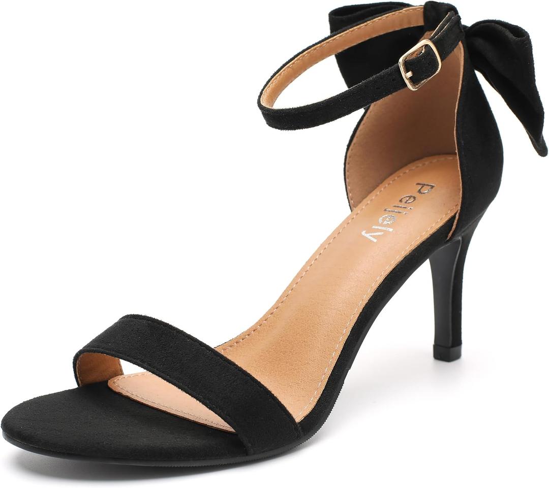 Women's Bow Knot Ankle Strap Heeled Sandals, Round Open Toe, Mid Kitten Heels, Bride Wedding Party Dress Shoes 45