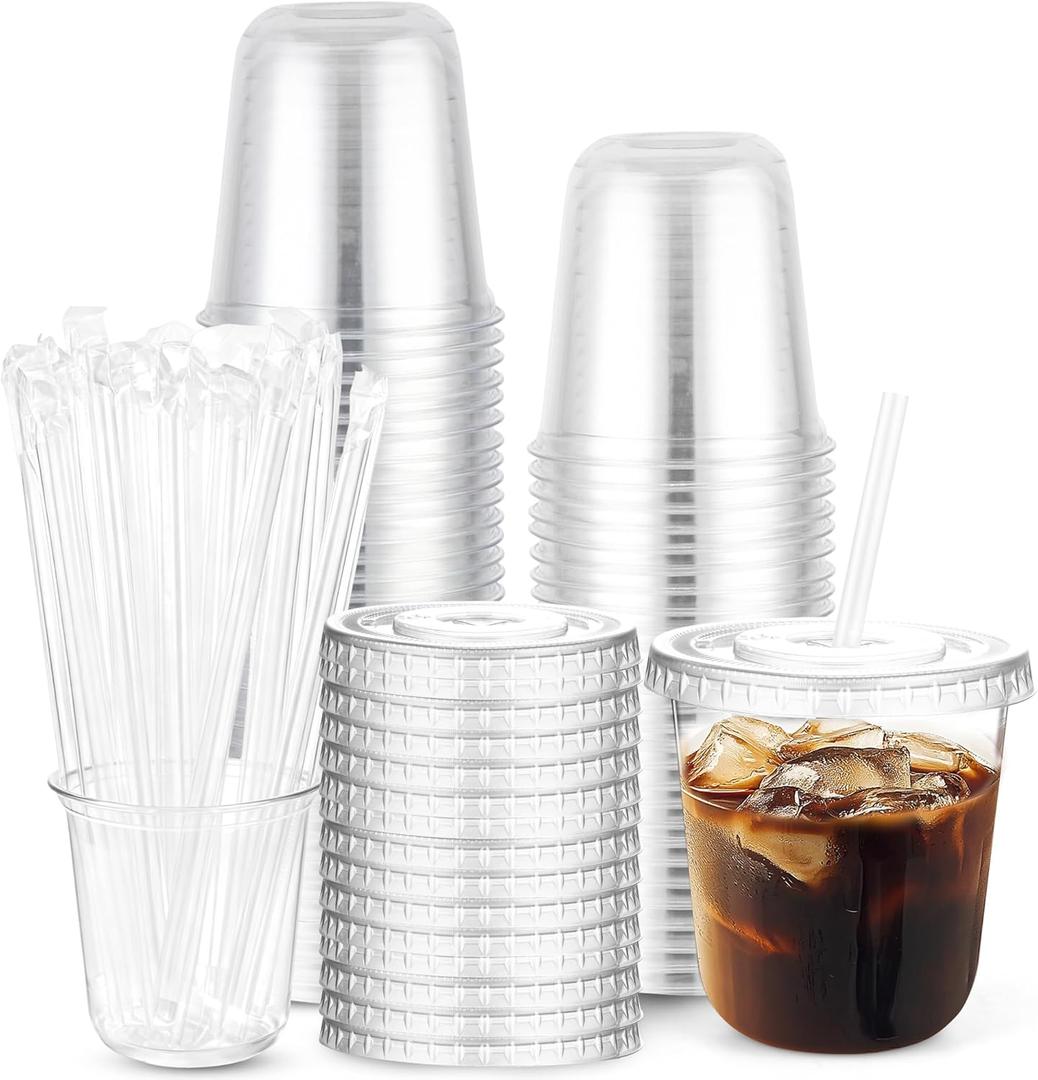 12 oz Clear Plastic Cups with Lids and Straws, Disposable Plastic Coffee Cups with Lids for Iced Coffee, Cold Beverages, Smoothies, Coffee Shops, TO-GO Drinking, Party, Christmas, 50 Sets