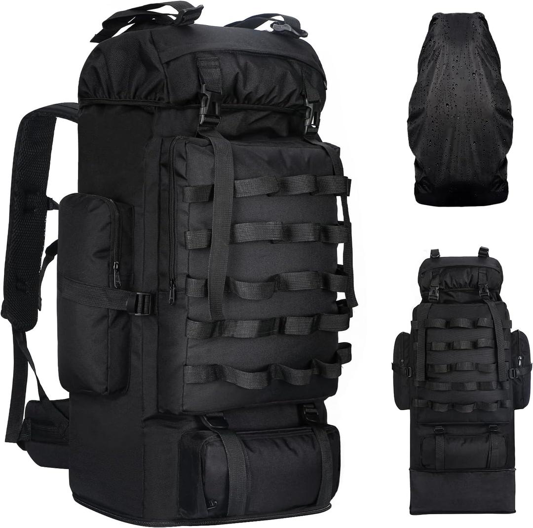 70L/100L Camping Hiking Backpack with Rain Cover, Expandable Large Military Tactical Backpack, Waterproof Molle Racksack Travel Backpacking Daypack for Climbing Trekking (Black)