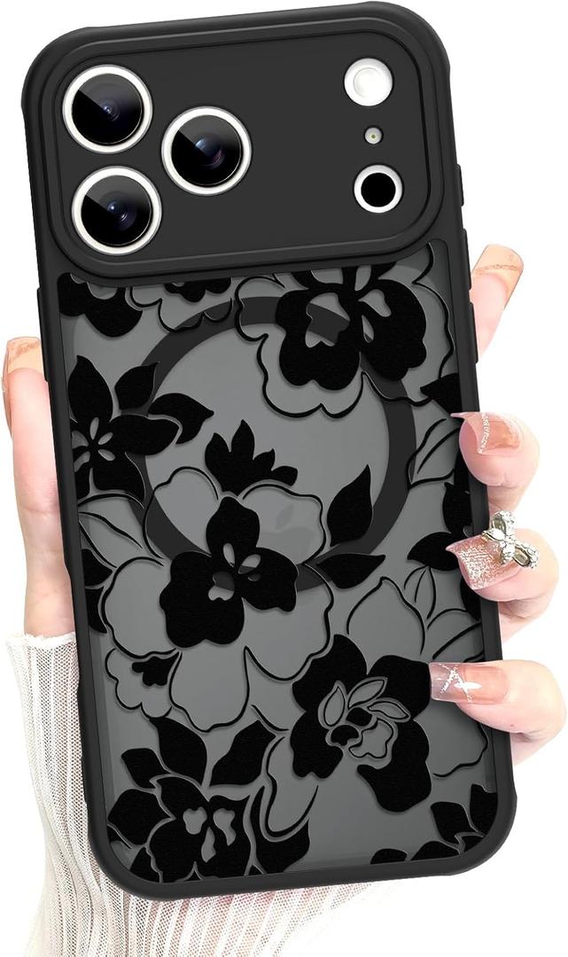 MZELQ Compatible with iPhone 17 Pro Max Case Flower Pattern Matte -Black | Floral Cute Support for MagSafe Skin-Touch Crystal for Girls Women