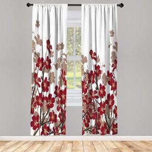 Lunarable East Window Curtains, Japanese Cherry Blossoms Sakura Branches Spring Flower Garden Illustration, Lightweight Decorative 2-Panel Set & Rod Pocket, Pair of - 28" x 63", Sepia Ruby