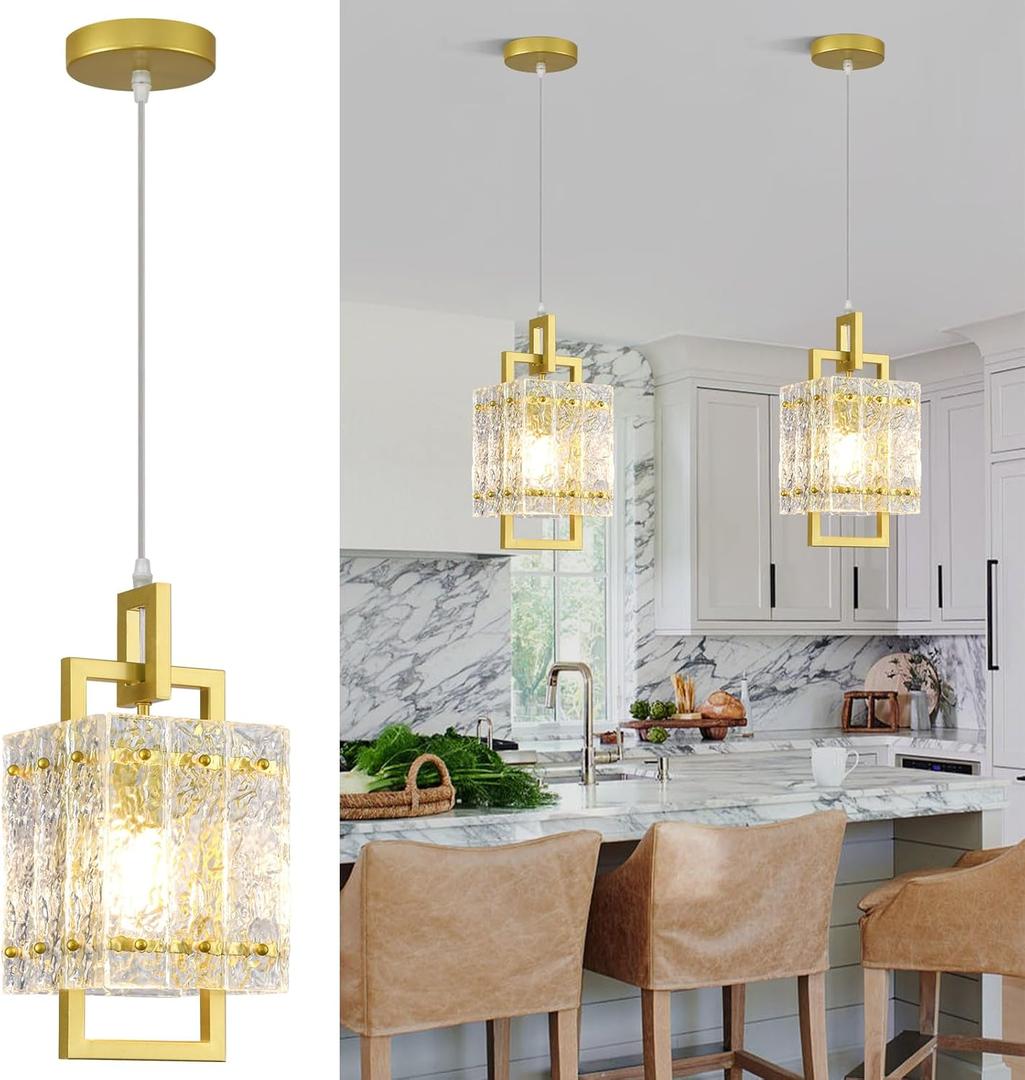 Gold Pendant Light Fixture - Modern Kitchen Island Water Ripple Glass Square Light - Adjustable Hanging Lighting for Kitchen Dining Room Over Island - 1 Pack