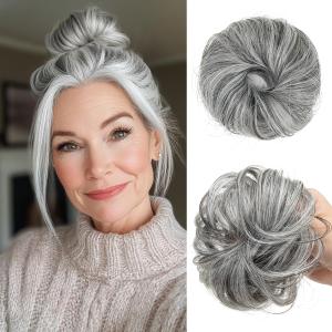 CJL HAIR 2PCs Small Cute Messy Bun Hair Piece for Thin Hair Women Mini Synthetic Curly Bun Scrunchies Updo Hairpieces Dark Grey (Gray)