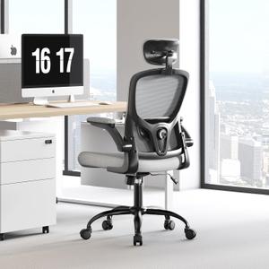 Ergonomic Office Chair - Adjustable Lumbar Support and Headrest, High Back Desk Chair with Flip-Up Arms for Home Office, 90-120° Tilt & Swivel Rolling Task Chair (Grey6076)