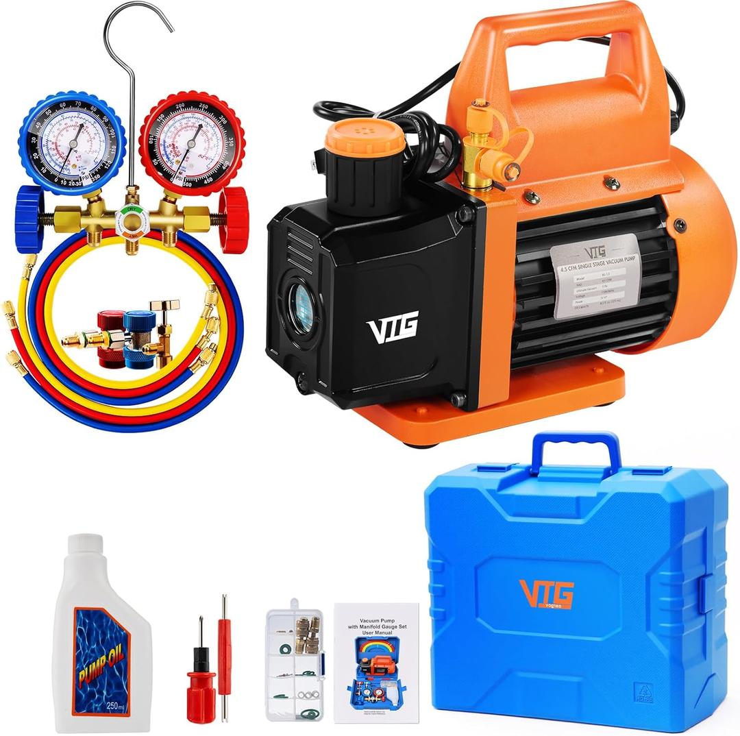 VTG VOGTEN 4.5 CFM AC Vacuum Pump and Gauge Set, for Mini Split/HVAC/Auto Systems, Manifold Gauge Kit Compatible with R134a R12 R22 R502, Includes R134a Can Tap, R410a Adapters