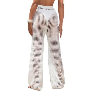 COZYEASE Women's Beach Cover Up Pants Hollow Out Drawstring Elastic High Waist Bathing Suit Cover Up Beach Pants White Pure Plain L