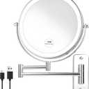 JANEEVA 8" Wall Mounted Lighted Makeup Mirror,Rechargeable Double Sided 1X/10X Magnifying Mirror with 3 Color Lights,Touch Dimmable Bathroom Vanity Mirror with 360°Swivel Extendable Arm Chrome