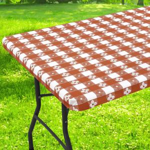 Rectangle Vinyl Table Cloth, Waterproof Elastic Fitted Tablecloth with Flannel Backing, Plastic Table Cover for Picnic, Camping, Outdoor (Rust & White, 30"x72")