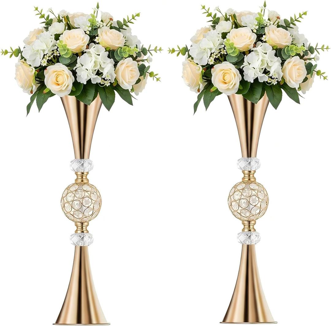 Gold Flower Stand for Wedding, 27.6in Wedding Flower Stand for Table Centerpiece, Tall Metal Crystal Trumpet Flower Vase for Table Wedding Reception Party Event Home Decor