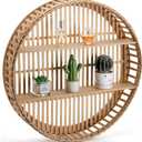 Pinkunn Rattan Wall Shelf Round Wicker Shelves Boho Wall Mounted Display Storage 2 Tier Circle Farmhouse Home Decorations for Dining Room Living Room Office Kitchen Bathroom, 23.62 x 23.62 x 4.72 inches
