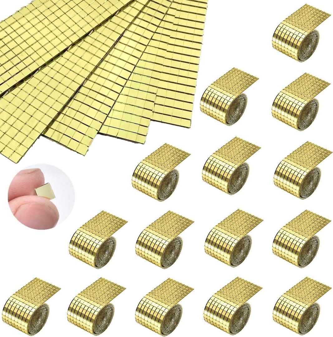 REDODECO 7200Pcs Mirror Mosaic Tiles Disco Ball Mirror Tiles Self-Adhesive Square Glass Mirror Tiles for Craft DIY,15 Sheets (Gold)
