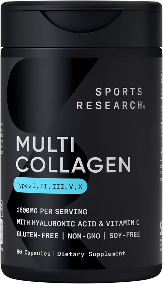 Sports Research Multi Collagen Pills (Type I, II, III, V, X) Hydrolyzed Collagen Peptides with Hyaluronic Acid + Vitamin C | Non-GMO Verified & Gluten Free - 90 Capsules BB Date 09/2027