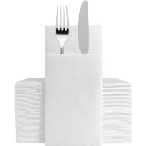 50-Pack White Cloth-Like Disposable Napkins - Linen Feel Dinner Napkins with Flatware Pocket for Weddings, Parties & Holidays