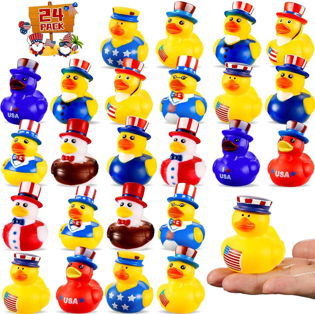 SCIONE 24PCS Patriotic Rubber Ducks, 4th of July Bulk Rubber Ducks for 4th of July Party Favors, Mini Duck for Cruise Ships Baby Showers Bath Toys Kids Party Favors Birthday Gifts