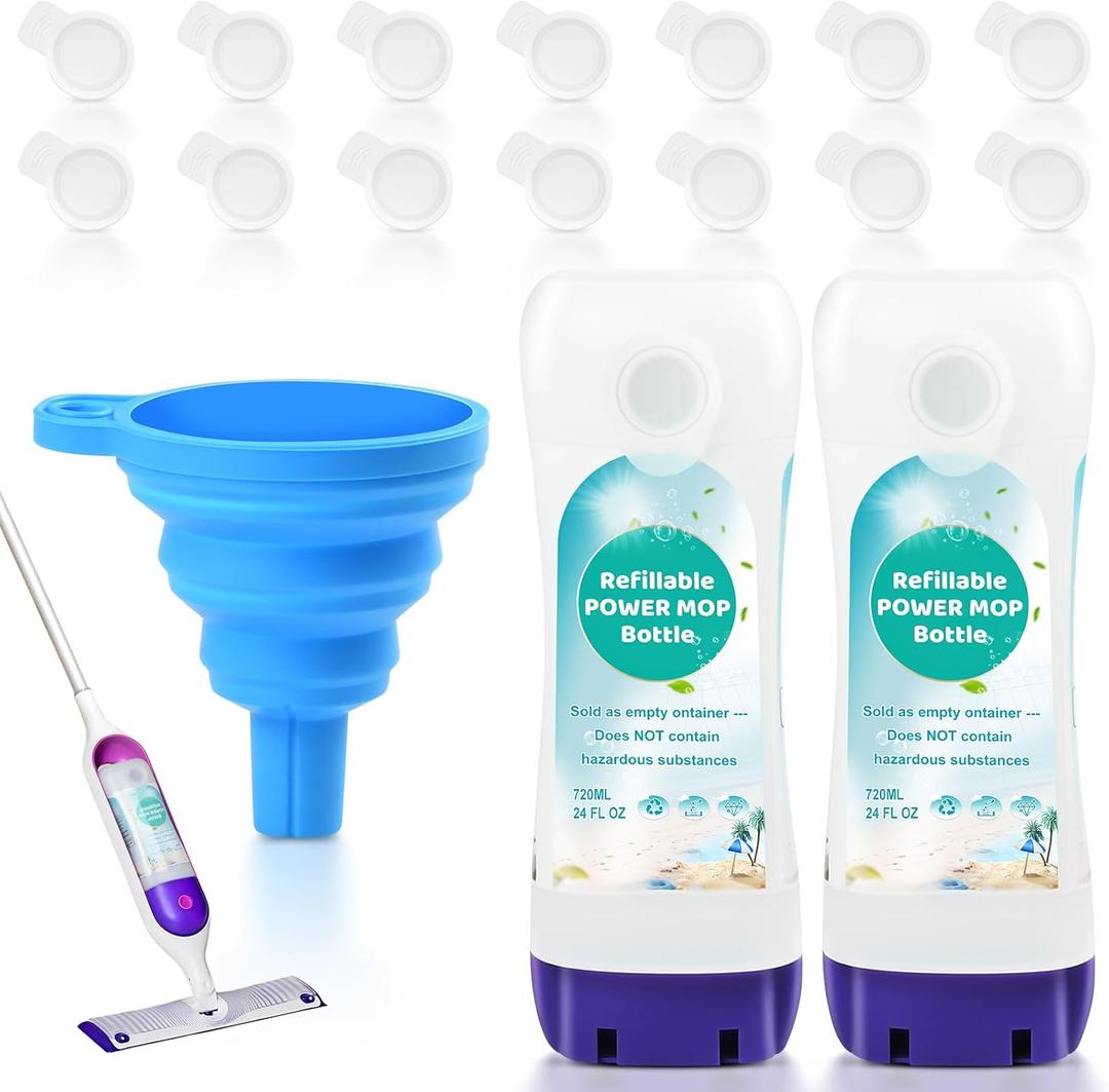Refillable Bottle for Swiffer Power Mop - 720 ML/24 FL OZ - Leak-Proof HDPE Material Solution Bottle, 2 Empty Bottle + 14 Silicone Pads + 1 Funnel, Easy Install for Use with Any Cleaning Solution