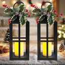 Christmas Lanterns Decorative Indoor Outdoor, 2 Pack Black Christmas Lantern, 18 Inch Timer Decorative Candle Lanterns Flameless Light with Pine Cones and Needles for Home, Party, Farmhouse Decor (Cross)