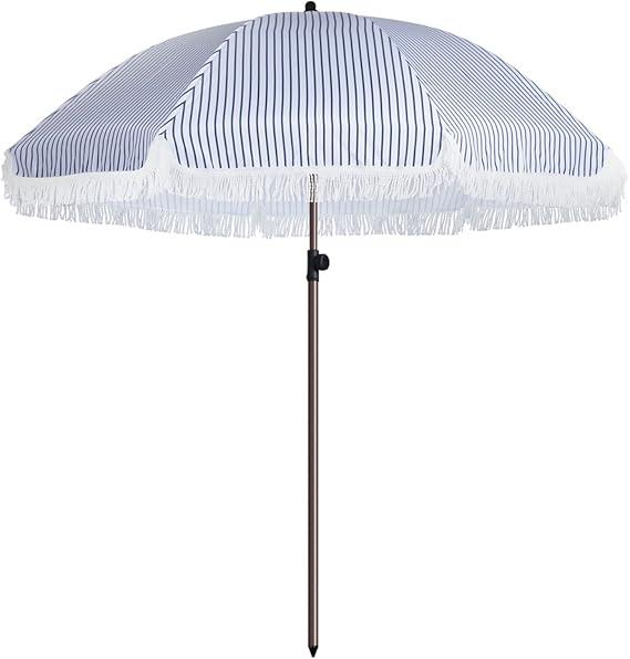 7.5Ft Patio Beach Umbrella with Fringe & Tassel, UPF50+ Push Button Tilt & Crank, Ideal for Garden, Lawn, Deck, Yard & Pool