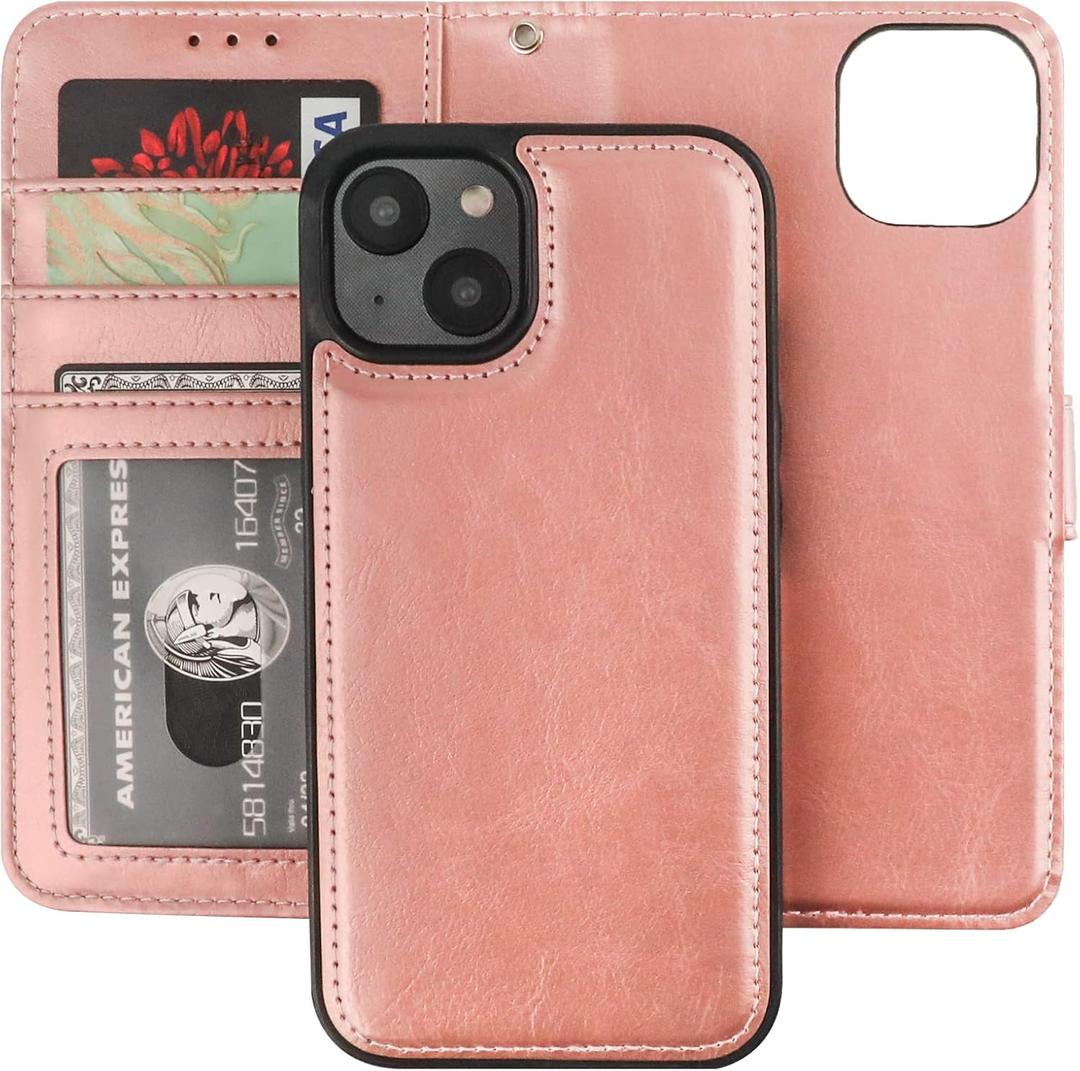 Bocasal Detachable Wallet Case for iPhone 14 RFID Blocking Card Slots Holder Premium PU Leather Magnetic Kickstand Shockproof Wrist Strap Removable Flip Protective Cover 5G 6.1 inch (Rose Gold)