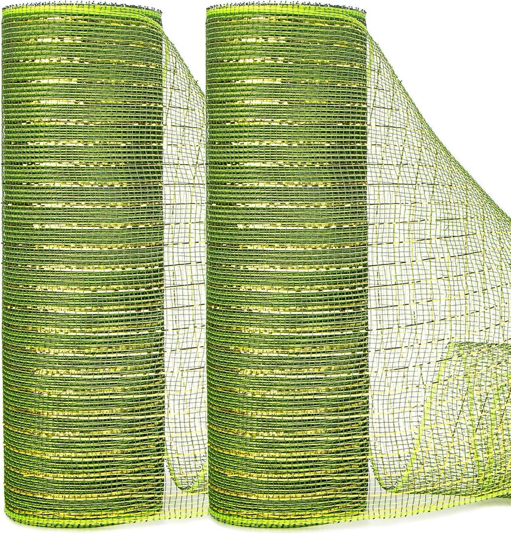 Ribbli 2 Rolls Moss Green Mesh Ribbon,10 inch x 30 feet(10Yard) Each Roll,Metallic Moss Green with Gold Foil,Christmas Ribbon for Wreath Swags and Decorating