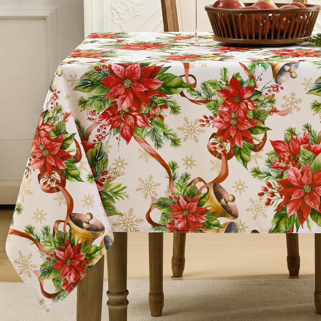 Romanstile Christmas Tablecloth Rectangle, Winter Christmas Red Flower Table Cloth, Washable Farmhouse Vintage Table Cover for Holiday Dinner Party, 60 x 84 Inch