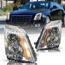 JSBOYAT Projector Headlight Assembly Replacement Compatible with 2008-2014 Cadillac CTS 2-Door Coupe/Sedan/Wagon Driver and Passenger Side Signal and Side Mark Light Included, Not for HID/Xenon Model (Chrome Housing & Amber Reflector)