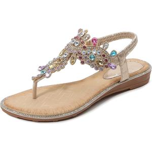 iCKER Women Rhinestone Sandals T-Strap Buckle Bohemian Pearl Crystal Flat Sandals-PD01-Gold-9, Size 41