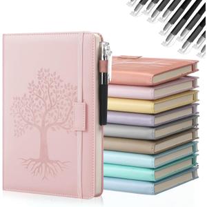 Estune 8 Pack Lined Journal Notebook A5 Tree of Life Hardcover Leather Journal with 10 Pen, College Ruled Notebook for Travel, Business, Work, Office, School Note Taking Diary(Elegant Color)