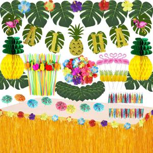Tropical Luau Party Decoration Pack Hawaiian Beach Theme Party Favors Luau Party Supplies (112 PCS) including Banner, Table Skirt, Straws, Flamingo, Pineapple Dcors.