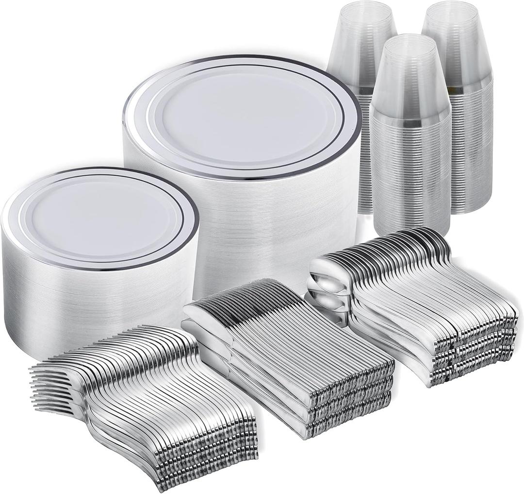 N9R 600PCS Silver Disposable Plastic Plates, Silver Plastic Dinnerware Set Includes 100 Dinner Plates, Dessert Plate, Cups, Spoons, Forks, Knives for 100 Guests, Perfect for Party, Wedding, Birthday