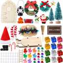 Celltestria 58Pcs Mini Christmas Door Decorations Sets Miniature Statues Wooden Door Tree Gift Boxes Wreath Santa Claus Snowman Accessories for Christmas Holiday Fairy Garden Decor