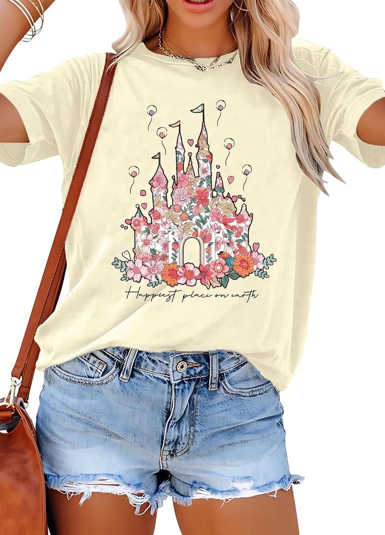 T&Twenties Women Magical Shirt for Women Funny Magic Kingdom Family Vacation Tshirt Casual Graphic Short Sleeve Tee Tops Apricot (L)