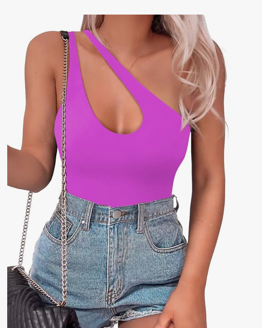 SAUNGKUAI Women's Sexy One Shoulder Sleeveless Cutout Thong Bodysuit Tank Top Body Suits V Backless Tummy Control Shapewear M