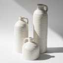 White Ceramic Vase Set of 3 with Handle Ribbed and Dotted Jug Vases for Rustic Farmhouse Table Centerpiece, Shelf & Mantel Decor